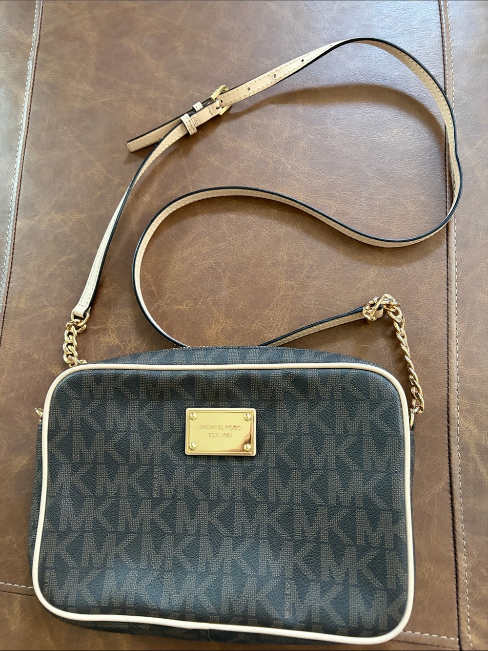 Michael Kors Brown Signature MK Logo Crossbody with Cream Trim